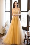 Yellow Tulle Lace Long Prom Dress, A-Line Evening Party Dress HZ0429