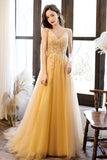 Yellow Tulle Lace Long Prom Dress, A-Line Evening Party Dress HZ0429