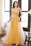 Yellow Tulle Lace Long Prom Dress, A-Line Evening Party Dress HZ0429