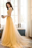 Yellow Tulle Lace Long Prom Dress, A-Line Evening Party Dress HZ0429