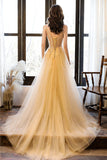 Yellow Tulle Lace Long Prom Dress, A-Line Evening Party Dress HZ0429