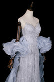 Strapless Beaded Mermaid Evening Gown in Dusty Blue with Detachable Tulle Cape HZ0429