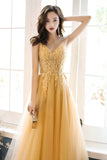 Yellow Tulle Lace Long Prom Dress, A-Line Evening Party Dress HZ0429