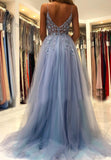 Blue V-Neck Tulle Beading Long Prom Dresses, Blue Graduation Dresses HZ0429