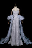 Strapless Beaded Mermaid Evening Gown in Dusty Blue with Detachable Tulle Cape HZ0429