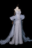 Strapless Beaded Mermaid Evening Gown in Dusty Blue with Detachable Tulle Cape HZ0429
