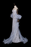 Strapless Beaded Mermaid Evening Gown in Dusty Blue with Detachable Tulle Cape HZ0429