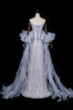 Strapless Beaded Mermaid Evening Gown in Dusty Blue with Detachable Tulle Cape HZ0429