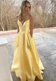 Yellow Satin Long Prom Dresses, A-Line Backless Evening Dresses HZ0429