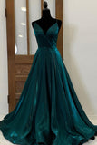 Green Satin Long Prom Dresses, Simple V-Neck Evening Dresses HZ0429