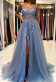 Blue V-Neck Tulle Beading Long Prom Dresses, Blue Graduation Dresses HZ0429