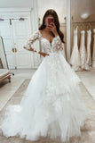 White Lace Long Prom Dresses, Long Sleeve Evening Dresses HZ0429