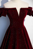 Burgundy Velvet Long Prom Dresses, Off the Shoulder Formal Evening Dresses HZ0429