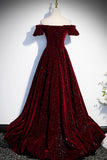 Burgundy Velvet Long Prom Dresses, Off the Shoulder Formal Evening Dresses HZ0429