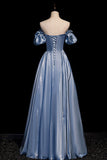 Cute Satin Long Prom Dresses, Blue Short Sleeve A-Line Evening Dresses HZ0429