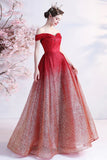 Burgundy Sequins Long Prom Dresses, Off the Shoulder Evening Dresses HZ0429