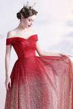 Burgundy Sequins Long Prom Dresses, Off the Shoulder Evening Dresses HZ0429