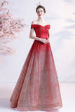 Burgundy Sequins Long Prom Dresses, Off the Shoulder Evening Dresses HZ0429