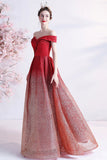 Burgundy Sequins Long Prom Dresses, Off the Shoulder Evening Dresses HZ0429