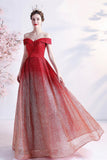 Burgundy Sequins Long Prom Dresses, Off the Shoulder Evening Dresses HZ0429