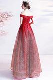 Burgundy Sequins Long Prom Dresses, Off the Shoulder Evening Dresses HZ0429