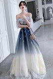 Blue Tulle Sequins Long Prom Dresses, A-Line Off the Shoulder Party Dresses HZ0429