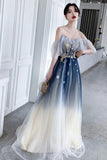 Blue Tulle Sequins Long Prom Dresses, A-Line Off the Shoulder Party Dresses HZ0429