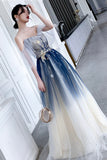 Blue Tulle Sequins Long Prom Dresses, A-Line Off the Shoulder Party Dresses HZ0429