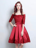 Burgundy Satin Lace Short Prom Dress, Burgundy Evening Party Dress HZ0429