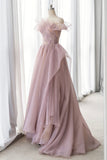 Pink Tulle Long A-line Prom Dress, Lovely Off the Shoulder Evening Dress HZ0429