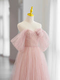 Pink Tulle Long Prom Dress, Beautiful A-Line Off Shoulder Evening Dress HZ0429