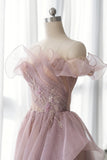 Pink Tulle Long A-line Prom Dress, Lovely Off the Shoulder Evening Dress HZ0429