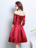 Burgundy Satin Lace Short Prom Dress, Burgundy Evening Party Dress HZ0429