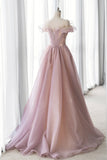 Pink Tulle Long A-line Prom Dress, Lovely Off the Shoulder Evening Dress HZ0429