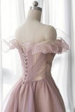 Pink Tulle Long A-line Prom Dress, Lovely Off the Shoulder Evening Dress HZ0429
