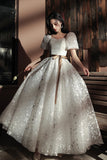White Tulle Short Sleeve Prom Dress, Cute A-Line Evening Dress HZ0429