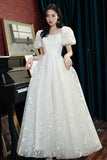 White Tulle Short Sleeve Prom Dress, Cute A-Line Evening Dress HZ0429