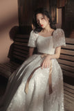 White Tulle Short Sleeve Prom Dress, Cute A-Line Evening Dress HZ0429