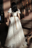 White Tulle Short Sleeve Prom Dress, Cute A-Line Evening Dress HZ0429