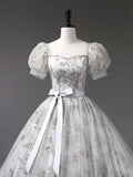 Gray Tulle Sequins Long Prom Dress, A-Line Short Sleeve Evening Dress HZ0429