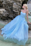 Blue Spaghetti Strap Tulle Long Prom Dresses, A-Line Sequins Graduation Dresses HZ0429