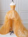 Orange Tulle Lace Long High Low Prom Dress, A-Line Strapless Evening Dress HZ0429