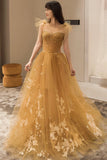 Yellow Tulle Lace Long Prom Dresses, A-Line Evening Gowns HZ0429