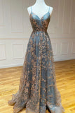Grey Tulle Sequins Long Prom Dresses, A-Line Spaghetti Straps Evening Dresses HZ0429