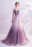 Purple Tulle Sequins Long Prom Dresses, A-Line Evening Dresses HZ0429