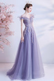 Purple Tulle Sequins Prom Dresses, A-Line Off the Shoulder Evening Dresses HZ0429