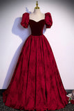 Burgundy Velvet Long A-Line Prom Dress, Short Sleeve Evening Dress HZ0429