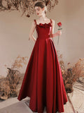 Burgundy Satin Long Prom Dress, Cute A-Line Spaghetti Straps Evening Dress HZ0429