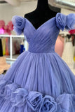 Blue V-neck Tulle Formal Dress with Flowers, Blue Floor Length Prom Dress HZ0429