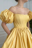 Yellow Satin Long Prom Dresses, A-Line Off the Shoulder Evening Dresses HZ0429